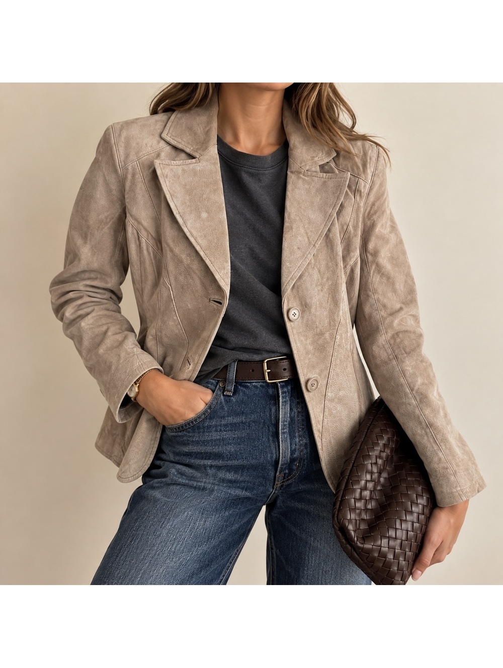 Siena Taupe Suede Leather Blazer Western Seamed Jacket Size 14